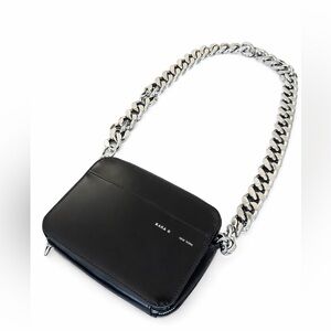 KARA Chain Camera Bag Black Polished Leather with Silver Curb Chain